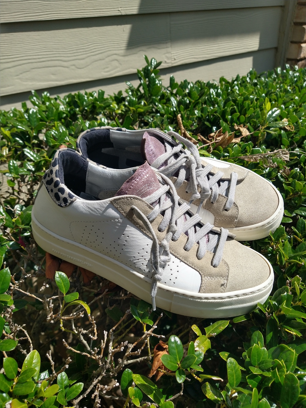 P448 Women’s White Leather & Taupe Suede Sneakers with Pink Metallic Tongue